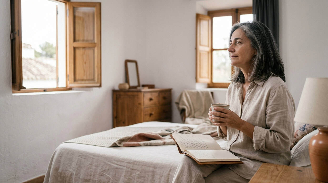 Persona adulta anotando por la mañana observaciones sobre su descanso en una libreta.