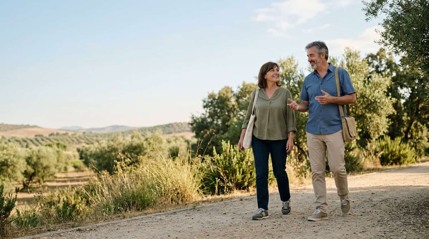 Dos personas adultas caminando a ritmo cómodo por un sendero llano y seguro.