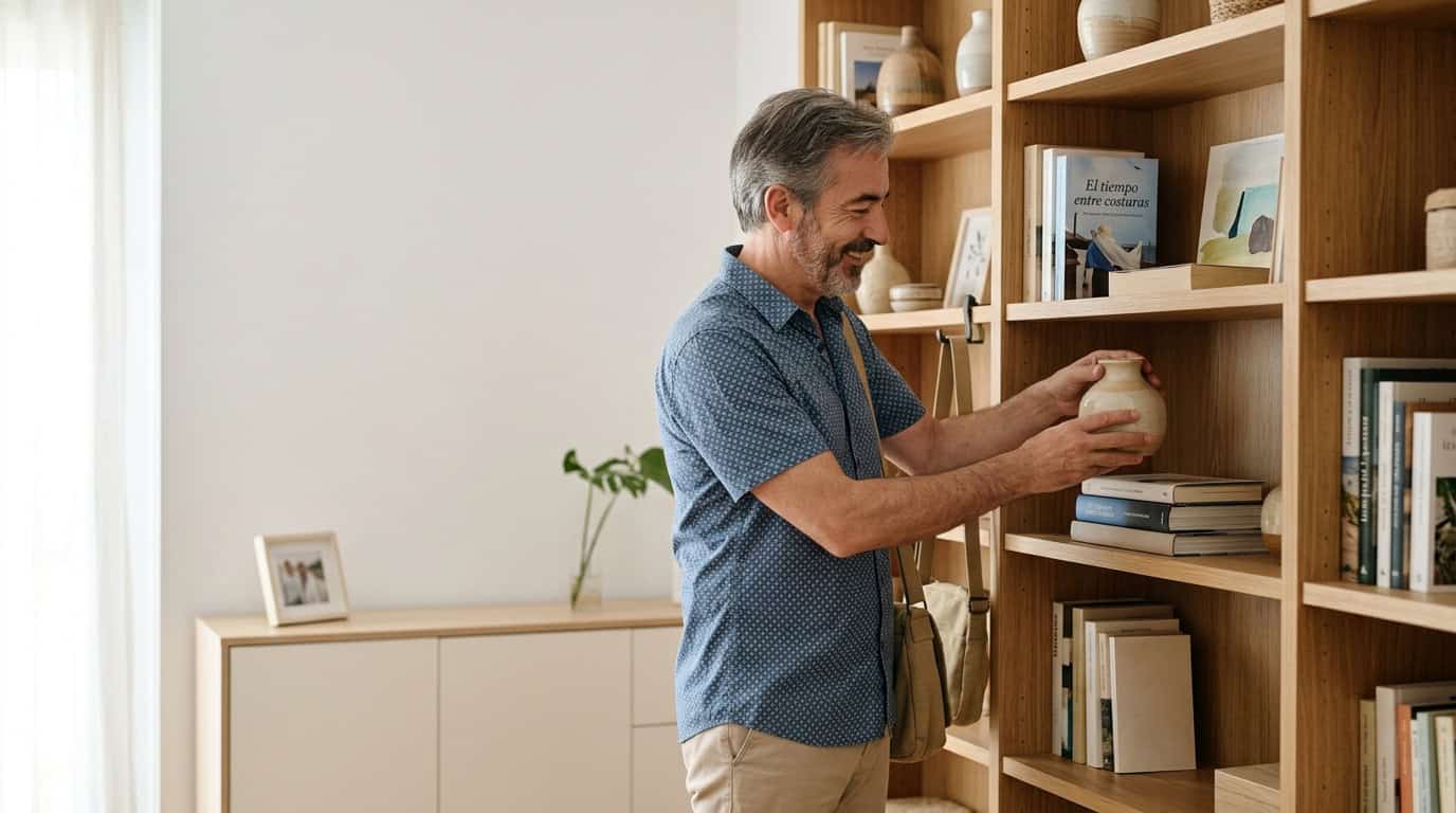 Hombre mayor colocando un libro en una estantería de madera moderna.