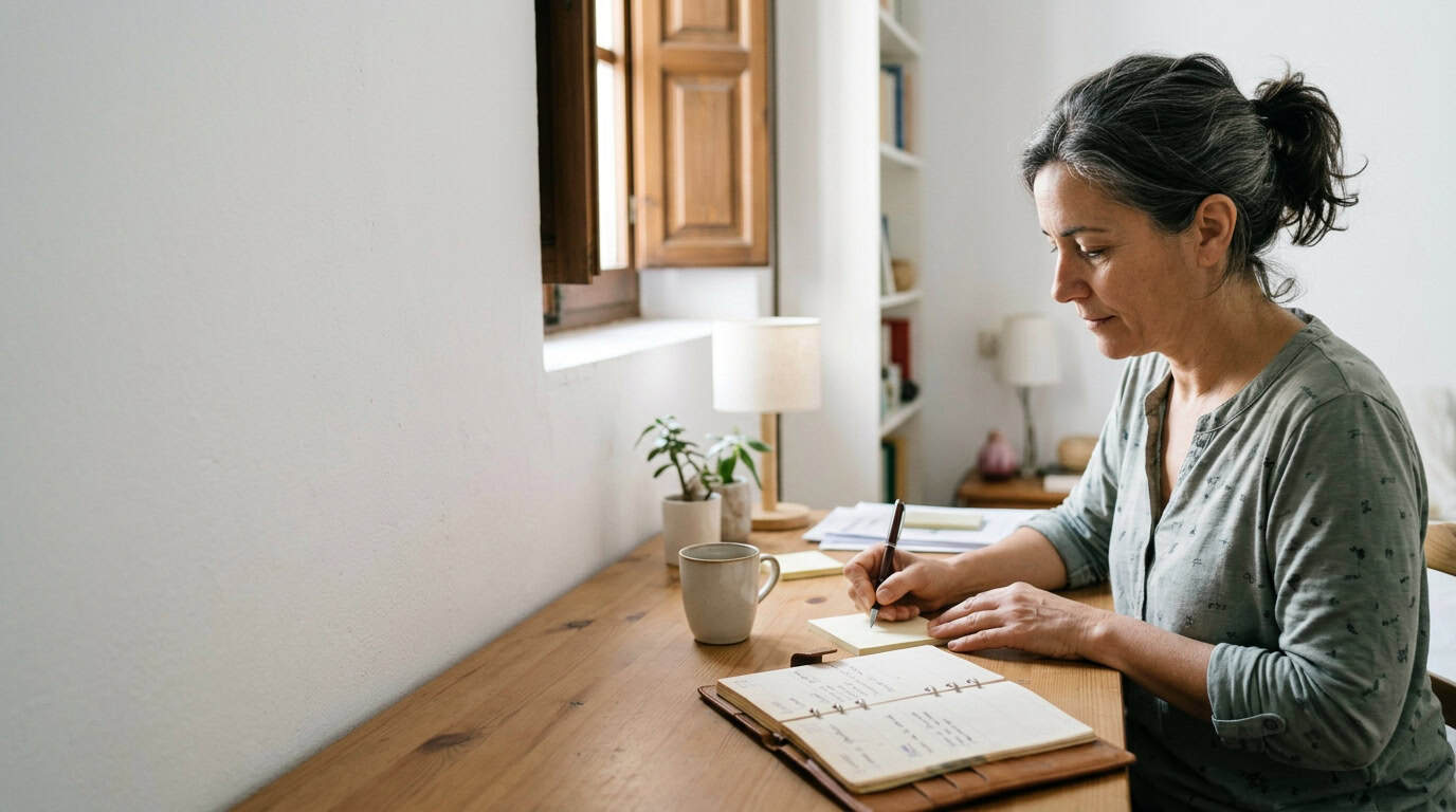 Mujer adulta preparando una nota breve para definir una acción mínima y realizable.