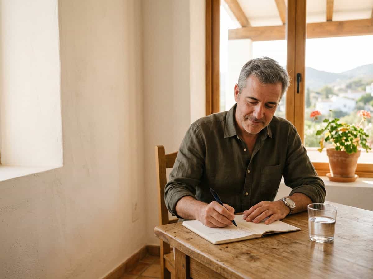 Hombre maduro sentado a una mesa de madera escribiendo calmadamente en un libreta junto a un vaso de agua, en un espacio mediterráneo iluminado por luz natural.